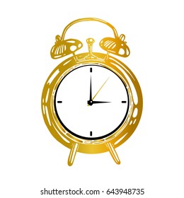 Ancient desk clock, alarm clock, timer. Vector illustration. Sign or icon, decorative element of design. Fashion, beautiful antiques, isolated. Handmade. Vintage object. Gold.