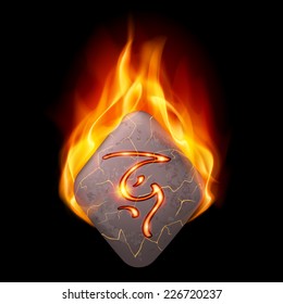 Ancient diamond-shaped stone with magic rune in orange flame