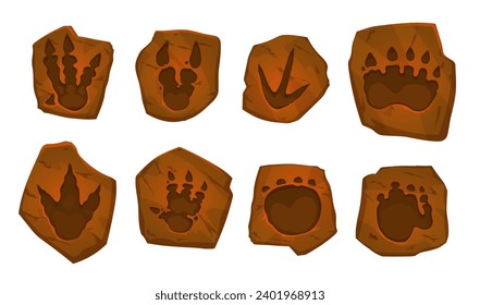 Ancient dinosaur footprints, archaeology fossil. Isolated vector dino animal paw prints, reptile foot trail impression in stone. Cartoon ancient jurassic era archaeological and paleontology finds