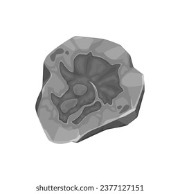 Antiguo fósil de dinosaurios en silueta de piedra, arqueología y cabeza de dino, vector de dibujos animados. Dinosaurio Triceratops con huella de cuernos, lagarto Jurásico extinguido o reptil gigante impreso en piedra fósil