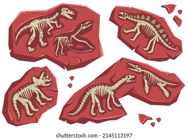 Ancient dinosaur skeletons in rocks flat set isolated against white background vector illustration