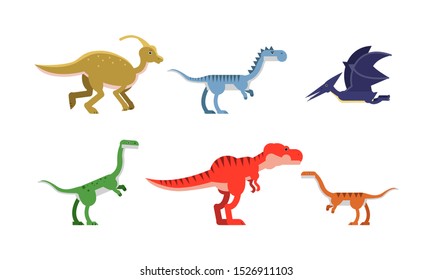 Ancient Dinosaurus Of Different Kind And Color Vector Illustrations Set Cartoon Character