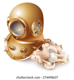 Ancient diving helmet and white pearl in an open shell, isolated on a white background. Vector illustration
