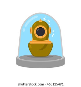 Ancient diving suit in Glass bell. Underwater suit in laboratory flask. Study research relics
