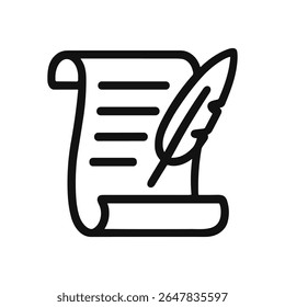 Ancient document with quill composing tales. Icon symbol illustration