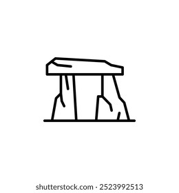 Icono de dolmen antiguo. Representación minimalista del arte lineal de una estructura de piedra prehistórica, a menudo asociada con sitios arqueológicos. Perfecto para proyectos relacionados con el patrimonio. Ilustración vectorial.