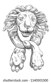 Ancient door handle in the form of a lion's head, vector hand drawing illustration in black color isolated on white background