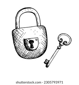 Ancient door lock. Hand drawn. Graphics in vintage style. Talisman for good luck, vintage items. Design element. Vector illustration