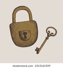 Ancient door lock. Hand drawn. Graphics in vintage style. Talisman for good luck, vintage items. Design element. Illustration. Vector illustration