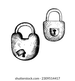 La puerta antigua se cierra. Dibujado a mano. Gráficos establecidos en estilo vintage. Talisman para la buena suerte, objetos antiguos.Elemento de diseño aislado. ilustración. Vector