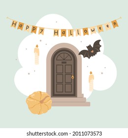 Ancient door with staircase, pumpkin, floating candles and bat. Happy Halloween text on garland flags. Abstract shape, stars on turquoise background. Cute illustration, vector card, poster.