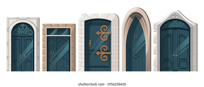 Ancient doors, cartoon medieval castle wooden entries with stone doorjambs. Fairytale palace vintage building architecture design with forged decoration and knobs, vector illustration, icons set