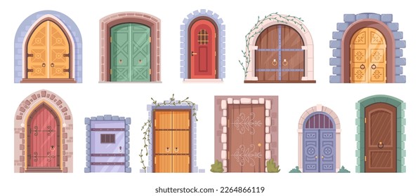 Ancient doors of castle or historical buildings. Isolated architecture and exterior elements. Doors or entryway with crawling plants. Vector in flat style