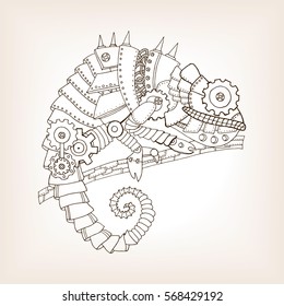 Ancient draft of mechanical chameleon. Mechanical animal. Coloring book vector illustration.