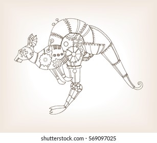 Ancient draft of mechanical kangaroo vector illustration. Mechanical animal.