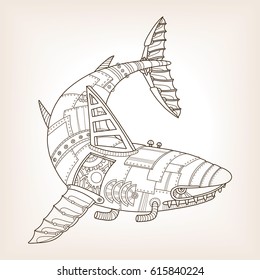 Ancient draft of mechanical shark. Mechanical animal vector illustration.