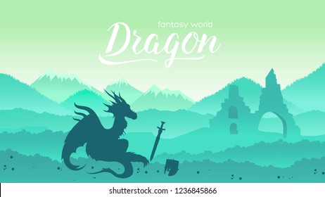 Ancient dragon sits majestically on field of battle among its treasures concept. Creatures in fantasy worlds vector illustration design. Nature 