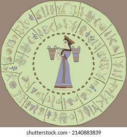 Ancient drawing of a girl on the walls of a ruined temple. Ancient written symbols of a vanished European civilization. Greece, Crete, ancient Europe.Ancient signs.