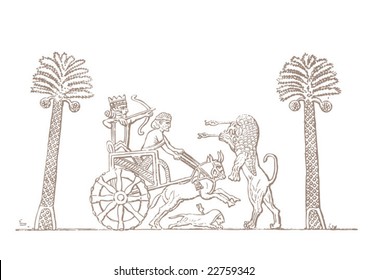 Ancient drawing of lion hunt. Vector.