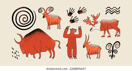 Ancient drawings of animals. Rock art, primitive art. Stylized isolated images