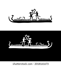 Ancient drawings on the stones of Scandinavia. Petroglyphs two ancient warriors on a drakkar vector illustration. cave painting of a Viking warship. Isolated on white and black background