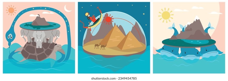 Ancient earth theories in russia egypt and india flat set isolated vector illustration