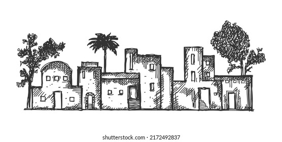 An ancient eastern city drawn by hand. The village of Bethlehem, Jerusalem, Judea.