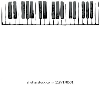 Ancient ebony clavichord tune scale row isolated on light backdrop. Freehand outline ink hand drawn picture sketchy in artist retro scribble album style pen on paper. View close up with space for text