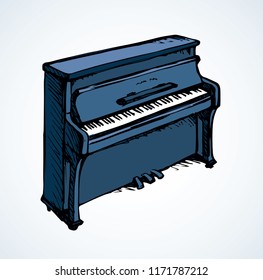 Ancient ebony harpsichord tune on white backdrop. Freehand outline ink hand drawn pianino logo emblem pictogram sketchy in artist retro scribble cartoon style pen on paper space for text. View closeup