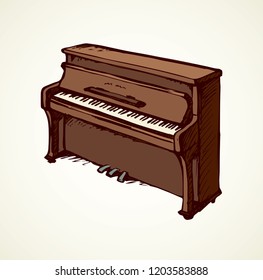 Ancient ebony harpsichord tune on white backdrop. Freehand outline ink hand drawn pianino object logo emblem pictogram sketchy in artist retro scribble cartoon style. View closeup with space for text