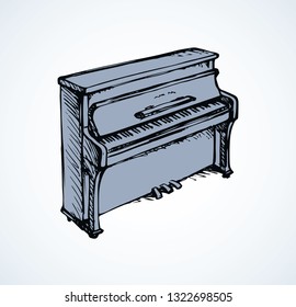 Ancient ebony harpsichord tune on white backdrop. Freehand outline ink hand drawn pianino logo emblem pictogram sketchy in artist retro silhouette engraved cartoon style on space for text. Top view