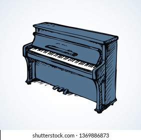 Ancient ebony harpsichord tune on white backdrop. Freehand outline ink hand drawn pianino logo emblem pictogram sketchy in artist retro scribble cartoon style pen on paper space for text. View closeup