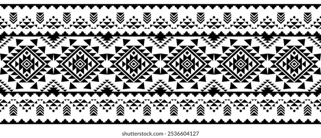 Ancient echoes Aztec geometric abstract seamless patterns southwest Navajo Native American tribal ethnic modern black and white for textile printing