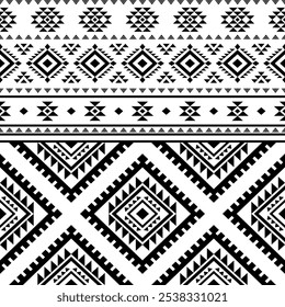 Antike Echos Aztec geometrische abstrakte nahtlose Muster Südwesten Navajo Indianer Stamm ethnisch modern schwarz-weiß für Stoffdruck