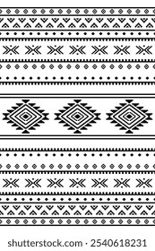 Ancient echoes Aztec geometric abstract seamless patterns southwest Navajo Native American tribal ethnic modern black and white for textile printing