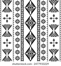 Ancient echoes Aztec geometric seamless patterns southwest Navajo Native American tribal ethnic black and white for textile printing