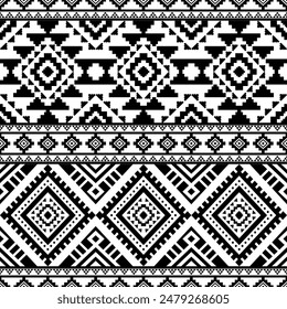 Ancient echoes Aztec geometric seamless patterns southwest Navajo Native American tribal ethnic black and white for textile printing