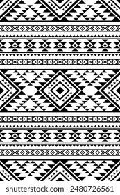 Ancient echoes Aztec geometric seamless patterns southwest Navajo Native American tribal ethnic black and white for textile printing