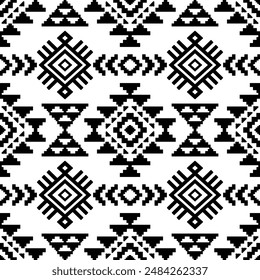 Ancient echoes Aztec geometric seamless patterns southwest Navajo Native American tribal ethnic black and white for textile printing