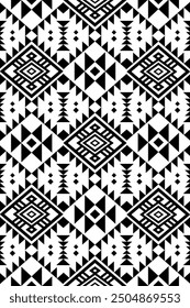 Antike Echos Azteken geometrische nahtlose Muster Südwesten Navajo Indianer Stamm ethnisch schwarz und weiß für Stoffdruck