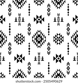 Ancient echoes Aztec geometric seamless patterns southwest Navajo Native American tribal ethnic black and white for textile printing