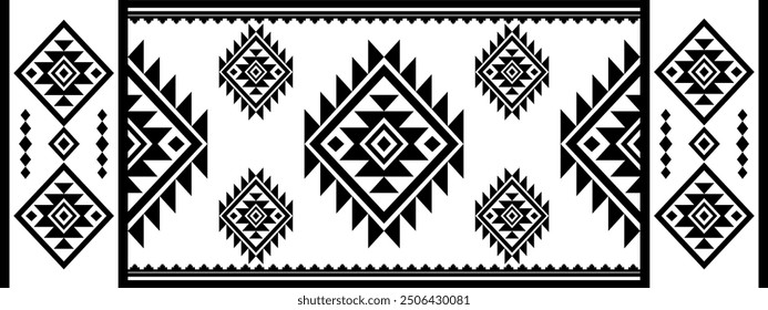 Ancient echoes Aztec geometric seamless patterns southwest Navajo Native American tribal ethnic black and white for textile printing