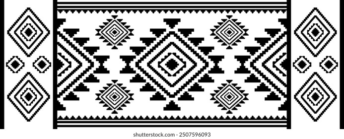 Ancient echoes Aztec geometric seamless patterns southwest Navajo Native American tribal ethnic black and white for textile printing