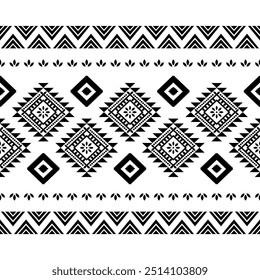 Ancient echoes Aztec geometric seamless patterns southwest Navajo Native American tribal ethnic black and white for textile printing