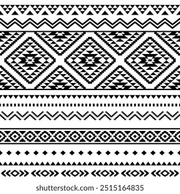 Ancient echoes Aztec geometric seamless patterns southwest Navajo Native American tribal ethnic black and white for textile printing