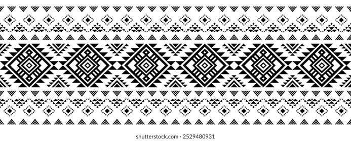Ancient echoes Aztec geometric seamless patterns southwest Navajo Native American tribal ethnic black and white for textile printing