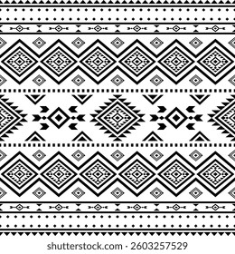 Ancient echoes Aztec geometric seamless pattern southwest Navajo Native American tribal ethnic black and white for textile printing