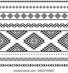 Ancient echoes Aztec geometric seamless pattern southwest Navajo Native American tribal ethnic black and white for textile printing