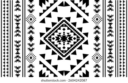 Ancient echoes Aztec geometric seamless pattern southwest Navajo Native American tribal ethnic black and white for textile printing