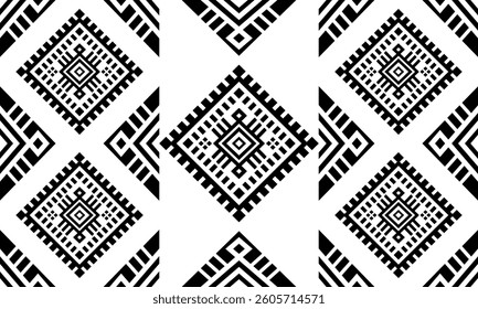 Ancient echoes Aztec geometric seamless pattern southwest Navajo Native American tribal ethnic black and white for textile printing